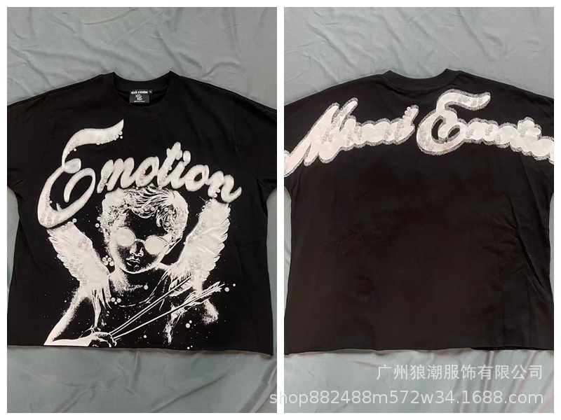 MIXED EMOTION レトロホットダイヤモンドプリントロゴ美しいトレンディなラウンドネックルーズカジュアル半袖Tシャツ男性と女性用|undefined