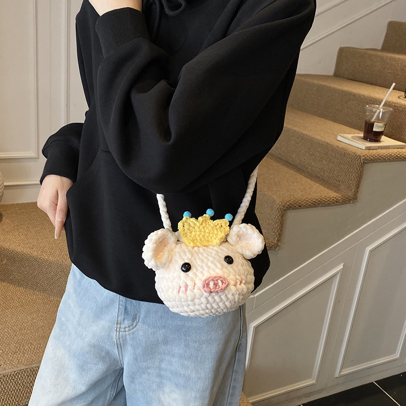 Caricatura adorable animal pequeño, bolso de hombro para niños y niñas, bolso de tela de gancho hecho a mano para bebés, bolso de peluche de otoño y invierno para niños