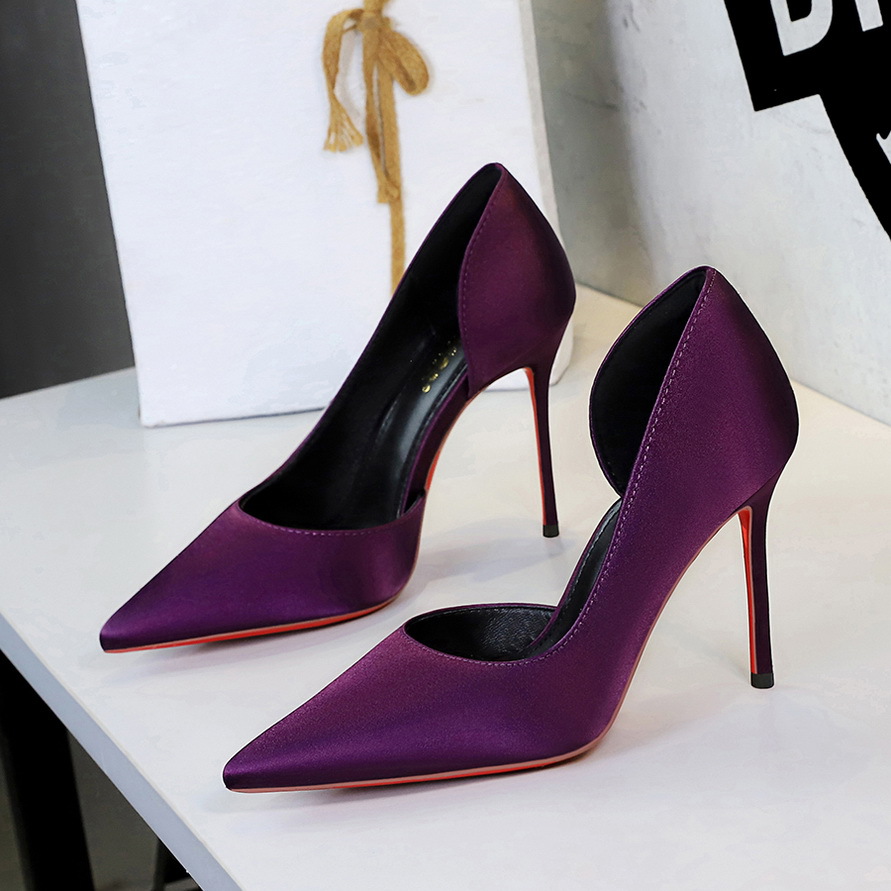 9267 sexy red soled high heels for women, pointed shallow mouth, side hollowed out silk and satin, one foot pedaling, thin single order shoes for women