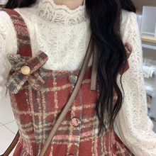 秋冬款全套复古格子吊带连衣裙外穿遮肉新年战袍打底衫两件套