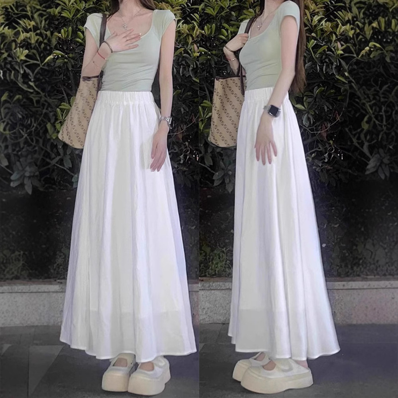 Korean White Skirt for Women Summer New Style Gentle Style A-Line Skirt High Waist Draped Lazy Versatile Long Skirt Wholesale