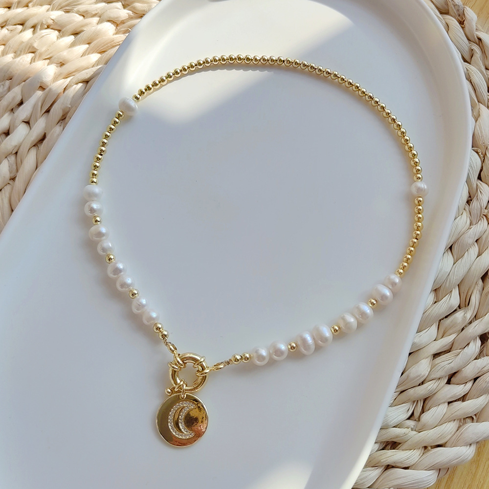 Ethnic Style Moon Flower Pearl soft clay Copper Knitting Plating Layered Necklaces Pendant Necklace