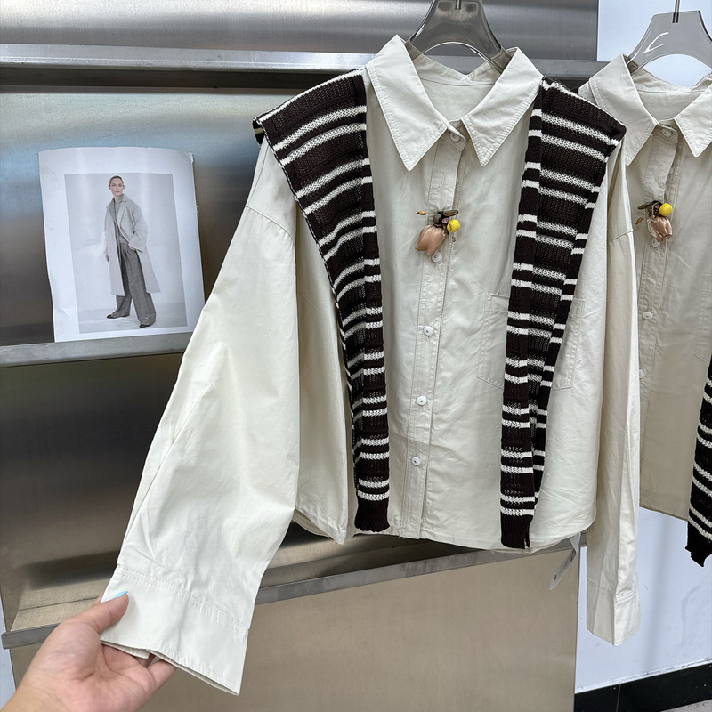 Striped shawl long-sleeve shirt for women, 2026 autumn new style, with lace trim at the back, drawstring waist, and a short top design