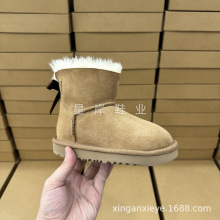 河南桑坡村2025儿童羊皮毛一体雪地靴男女童鞋单丝带蝴蝶结童靴子