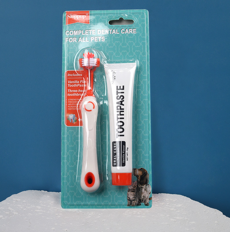 Juego de cepillo y pasta de dientes para mascotas, cepillo de dientes de tres cabezales para perros, suministros de limpieza bucal para gatos y perros, salud de las encías y blanqueamiento
