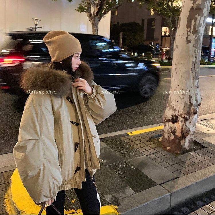 反季毛领棉服克服2025冬季新款棉衣美式复古加厚保暖牛角连帽外套|undefined