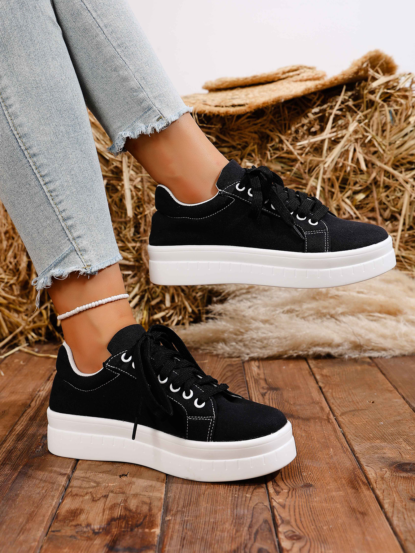 Women's Lace-up Casual Trainers For Women Round Toe Thick Sole_voghion.com