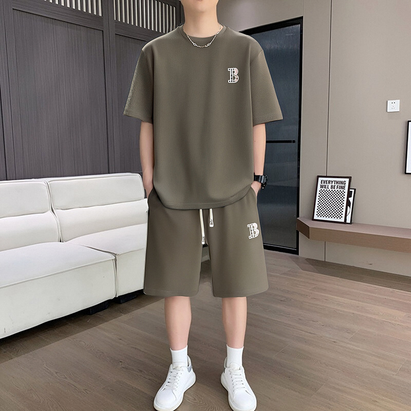 Summer Thin Quick-Drying Breathable Casual Short-Sleeved Suit Men's Loose Large Size Short-Sleeved T-Shirt Shorts Wear a Set