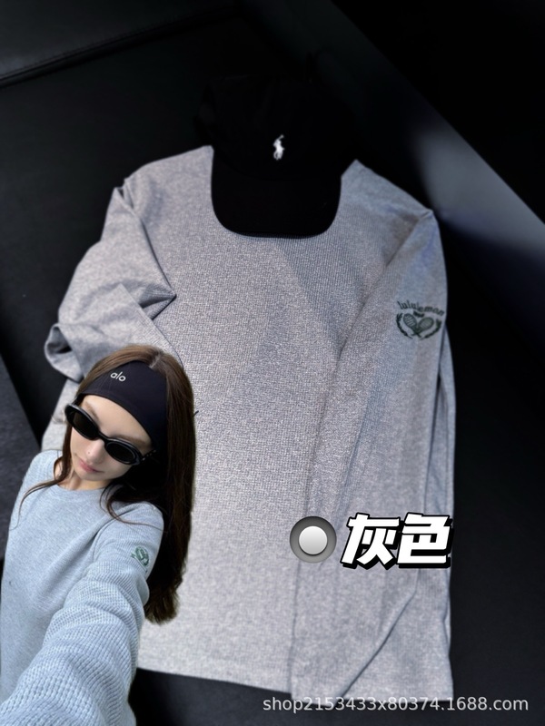 2025新款lulu华夫格长袖打底衫显瘦百搭圆领上衣女|undefined