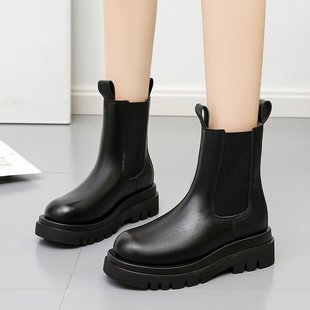2025 Autumn/Winter Women's Leather Boots Round Toe Thick Sole Mid-Calf Chelsea Boots Fashion Women's Shoes Height Increasing Thick Sole