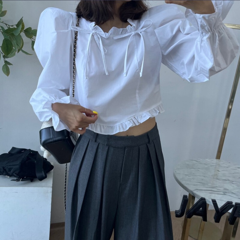 Dongdaemun Women's High-rise Sweet Elegant Lace Bow Square Collar Puff Sleeve Shirt Top