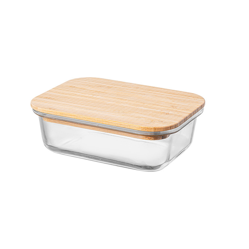 Juego de caja de conservación de vidrio con alto contenido de borosilicato, horno microondas, caja de almacenamiento de refrigerador, lonchera bento sin aislamiento con madera de bambú