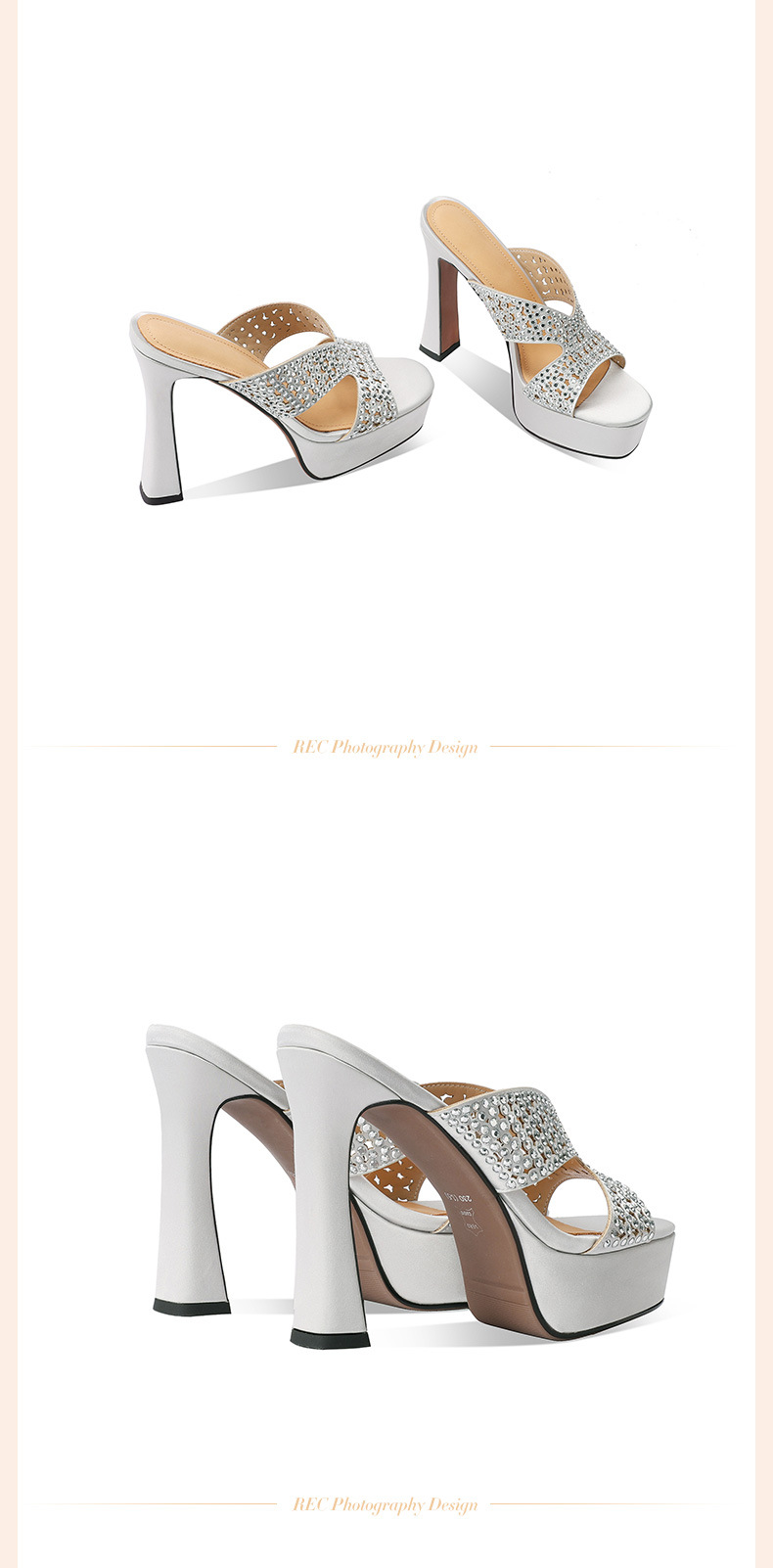 Sandal cao gót nữ hở mũi đế dày đính đá lấp lánh — Màu sâm panh chi tiết 7