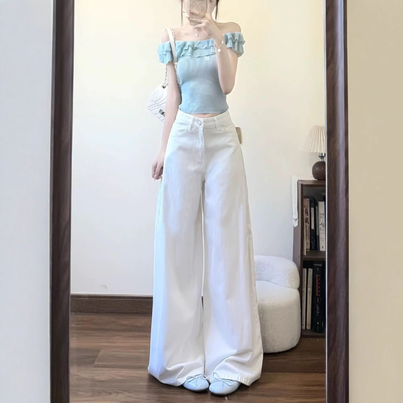 【韩牛】白色阔腿牛仔裤女2025新款秋季高腰显瘦宽松遮胯垂感直筒|undefined