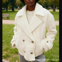 跨境2025秋冬新款时尚百搭气质优雅双排扣长袖翻领圈圈绒大衣外套
