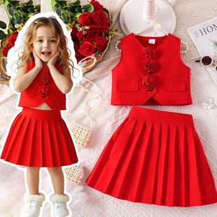 Cross-Border Foreign Trade New Summer Girls' Sleeveless Three-Dimensional Rose Suit Vest with Solid Color Pleated Skirt Suit