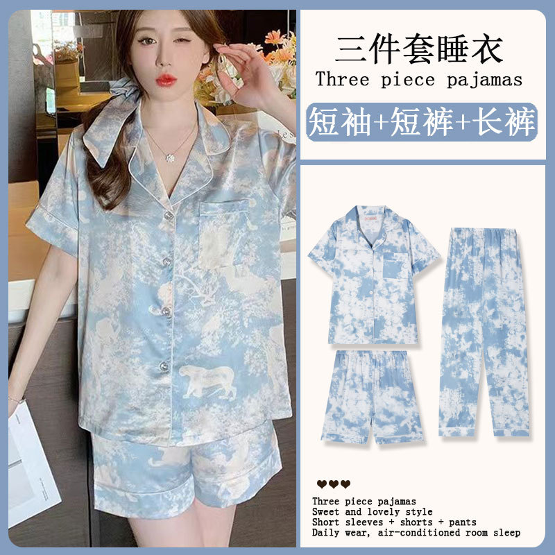 Blue and White Orufeng Tie-Dye Pajamas for Women Summer Ins Style High-End Casual Short-Sleeved Home Wear Women's Three-Piece Set Blue and White Orufeng Tie-Dye Pajamas for Women Summer Ins Style High-End Casual Short-Sleeved Home Wear Women's Three-Piece Set