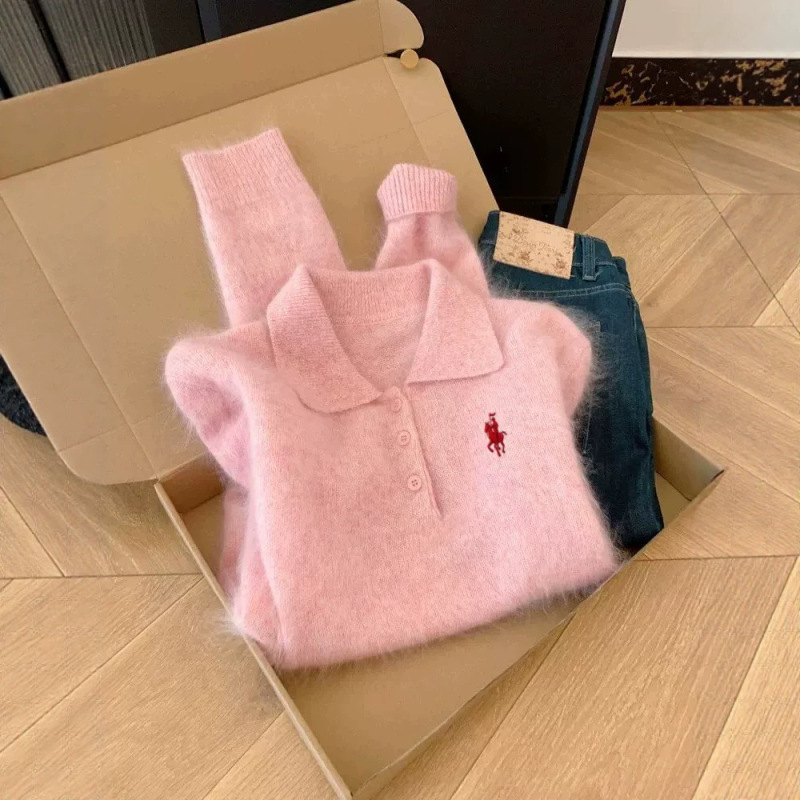 Small horse embroidered polo collar pink mohair sweater for women, autumn and winter loose-fitting, casual, and stylish knit top
