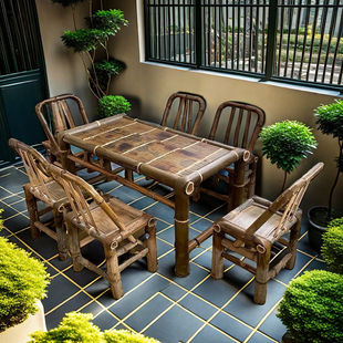 Chinese-Style Vintage Bamboo Table and Chair Set for Outdoor Tea Brewing, Dining Table, Coffee Table, Office Hot Pot Bamboo Table