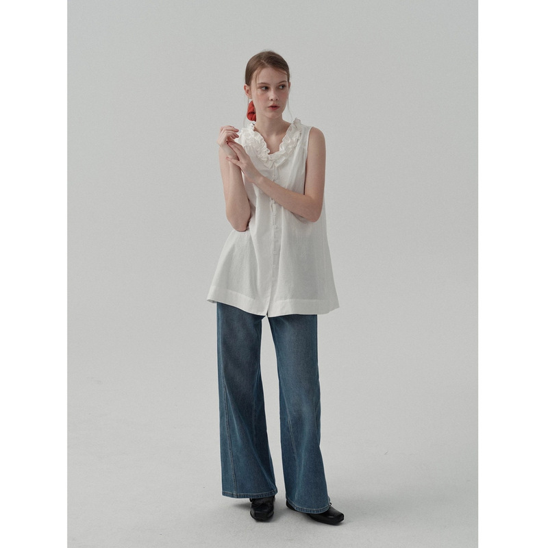 Vegachic Summer Long-Staple Cotton and Linen Blend Double-Layer Petal Collar Sleeveless Shirt That Can Be Worn Front or Back Vegachic Summer Long-Staple Cotton and Linen Blend Double-Layer Petal Collar Sleeveless Shirt That Can Be Worn Front or Back