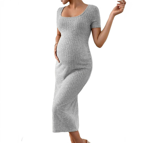 Maternity dress 2025 European and American French-style square neck side slit maternity dress, elegant knitting short-sleeve maternity one-piece dress
