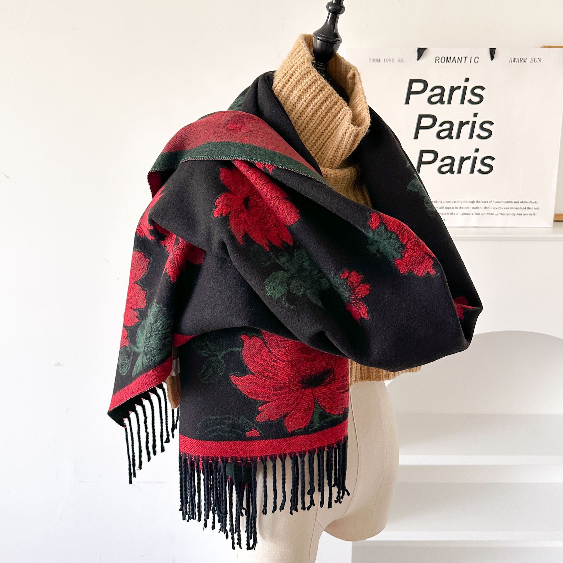Core Spun Yarn Material Women's Vintage Style Ethnic Style Flower Core Spun Yarn Tassel Scarf