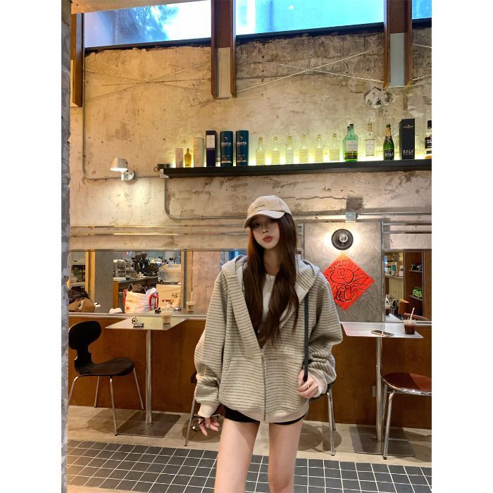 韩系慵懒风撞色条纹连帽拉链卫衣外套女秋季小众百搭宽松显瘦上衣|undefined