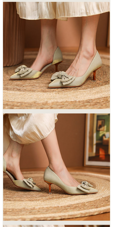 Giày cao gót nữ mũi nhọn gót 6–8 cm chất liệu satin, thắt nơ, cổ thấp, giày cưới — Màu mơ, Màu đen, Màu đỏ rượu chi tiết 6
