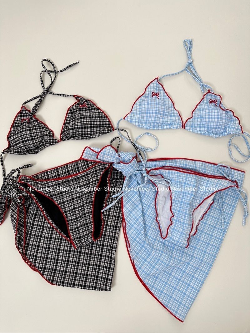 [Plaid] Japanese Plaid Cute Girl Sexy Spice Girl Summer Split Bikini Three-Piece Holiday Swimsuit