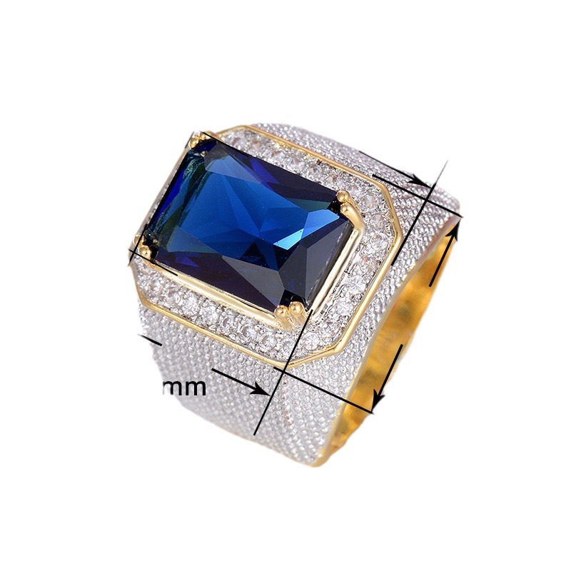 Hip hop style set zircon, domineering and square luxury men's ring, blue plated with color separation electroplating_voghion.com