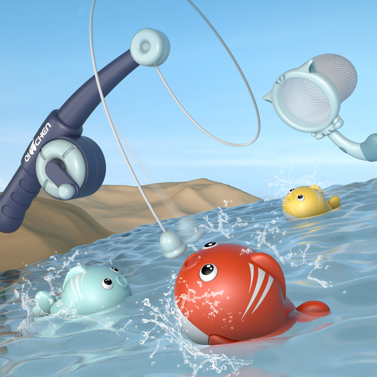 跨境婴儿浴室洗澡玩具卡通网捞鱼竿戏水磁性钓鱼亲子互动玩具套装