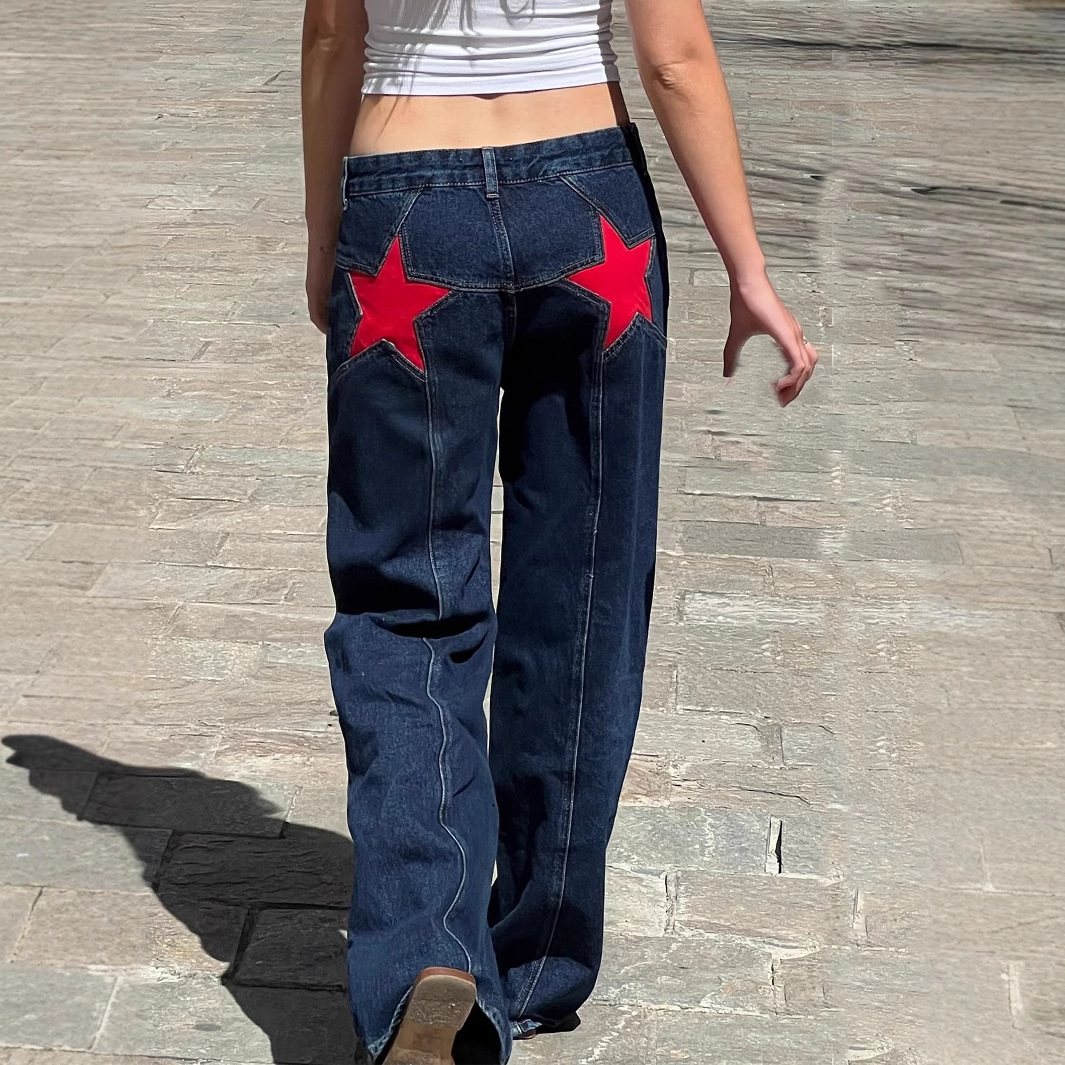 Grenzüberschreitende europäische und amerikanische Retro-Y2K-Hosen mit Hot-Girl-Rücken, Sternenmuster, Denim-Farbblock-Patchwork-Freizeithose_voghion.com