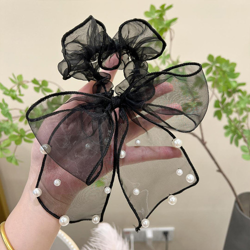 Netting Pearl Bead Bow Hair Cord Simple and Elegant Ponytail Headband with Fringe Hair Circle High-end Head Accessory 
