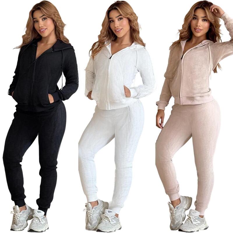 Autumn and Winter Elegant Long-Sleeved Jacquard Suit with Zipper and Hood, Two-Piece Set, European and American Foreign Trade Women's Clothing J5291 Autumn and Winter Elegant Long-Sleeved Jacquard Suit with Zipper and Hood, Two-Piece Set, European and American Foreign Trade Women's Clothing J5291