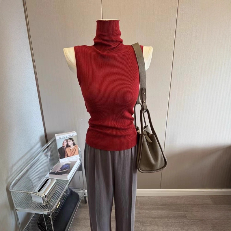 强推~简约堆堆领高领打底衫女修身无袖针织背心纯色气质内搭上衣|undefined