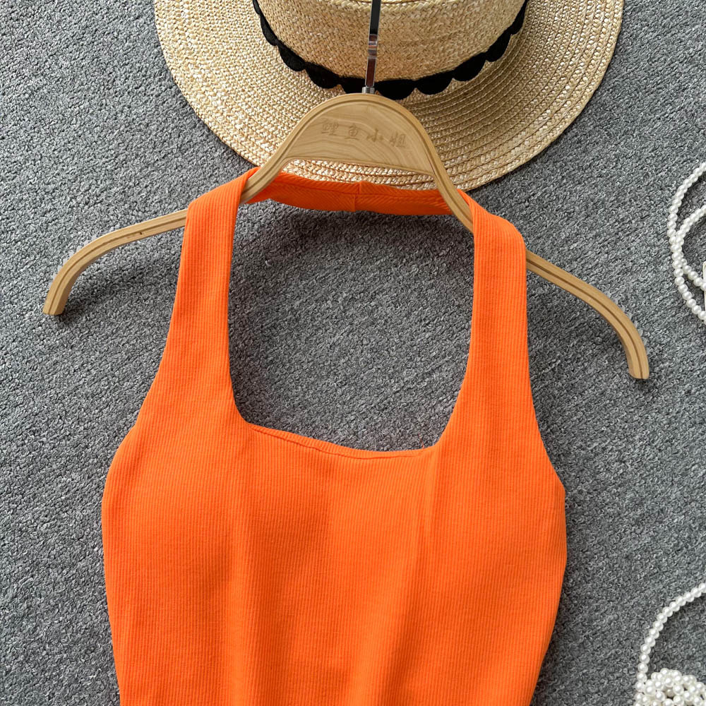 84g Weight Cotton, Rib Fabrics Fabric Type Short Top Length Vest Tops Type Holiday, Banquet, Daily Occasion Halter Neck Neckline Slim Fit Type Solid Color Pattern Summer Season Women's Gender Elegant, Streetwear Style Wholesale Women's Elegant Streetwear Solid Color Tank Tops 5