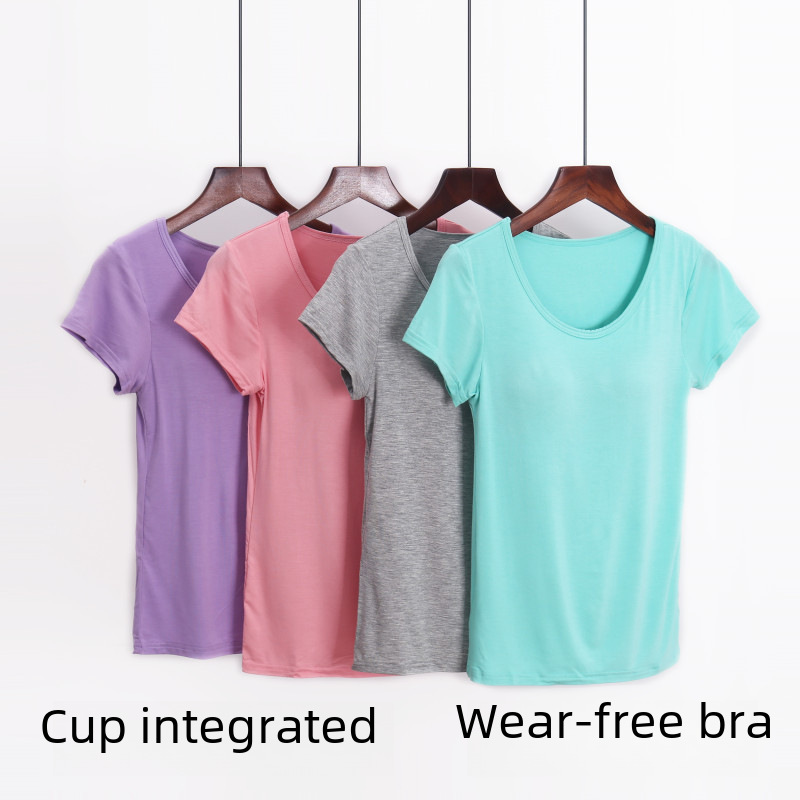 Modal Cotton Belt bra-free bra Cup One-piece bra Half-sleeve T-shirt Short-sleeve Vest Women's Yoga Base