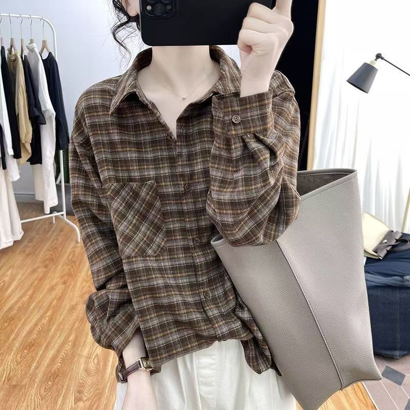Spring and Autumn Cotton Versatile Plaid Long Sleeve Shirt for Women, Polo Collar Age-Reducing Top, 2025 New Inner Layer Base Shirt
