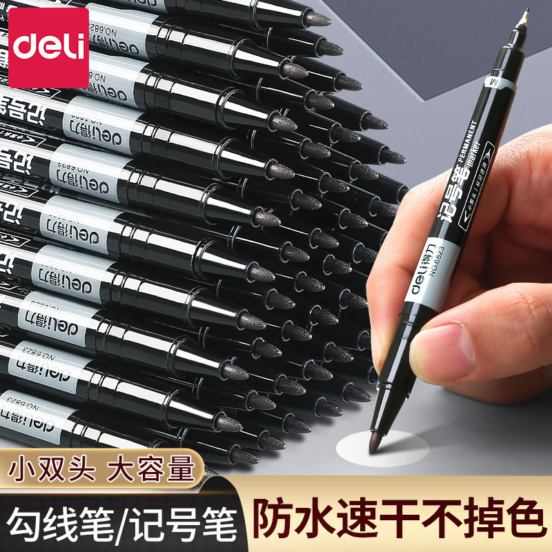 Deli 6823 Double-Headed Marker Hook Line Pen Wholesale Black Art Special Kidsren's Kindergarten Oily Large-Head Pen