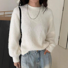 跨境秋冬仿水貂绒圆领毛衣女秋冬新款宽松毛茸茸长袖套头针织衫女