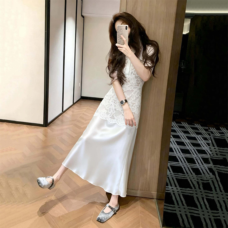 French-Style Elegant White Lace Shirt Dress for Women, 2026 Spring New Model, Very Beautiful, Waist-Cinching, Slimming Long Dress French-Style Elegant White Lace Shirt Dress for Women, 2026 Spring New Model, Very Beautiful, Waist-Cinching, Slimming Long Dress