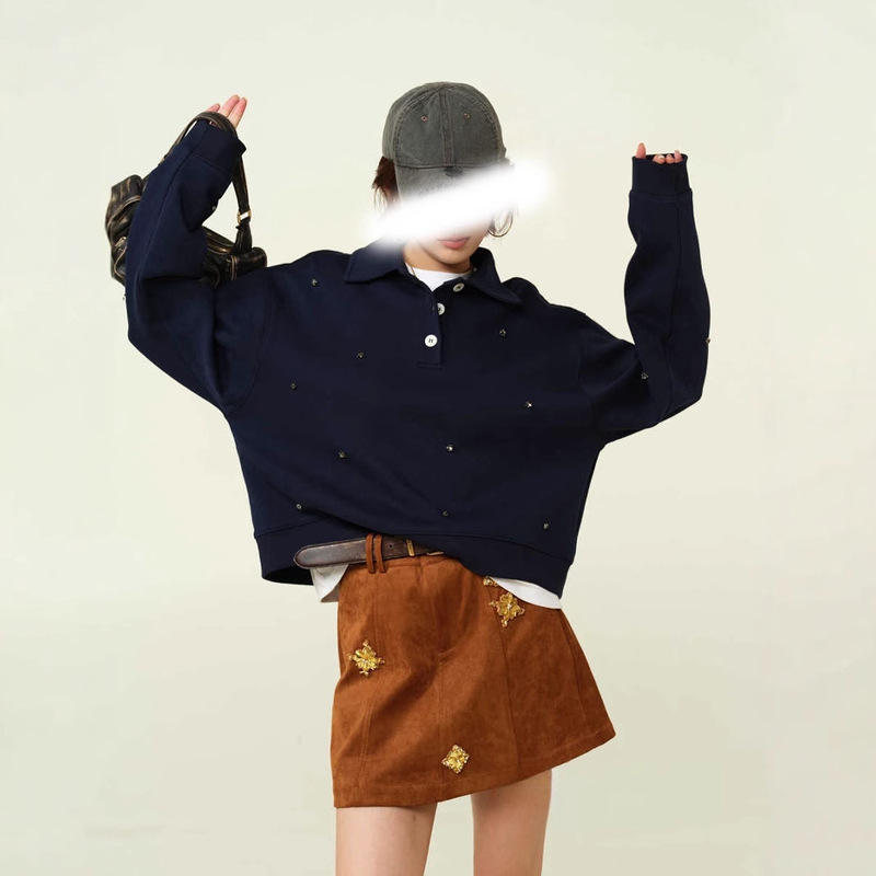 Spring New Style Handmade Rhinestone Gao-Grade Lazy Versatile Pullover Fashionable Short Loose Casual Sweatshirt for Women