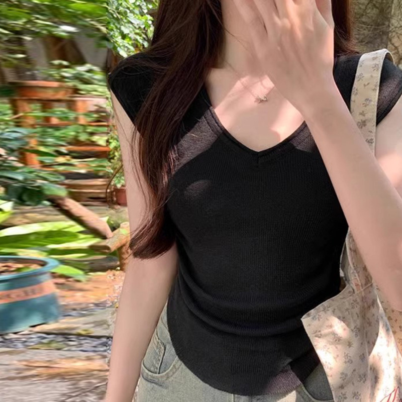 紫色纯欲v领针织冰丝小飞袖正肩T恤小个子修身不规则短款上衣女夏|undefined
