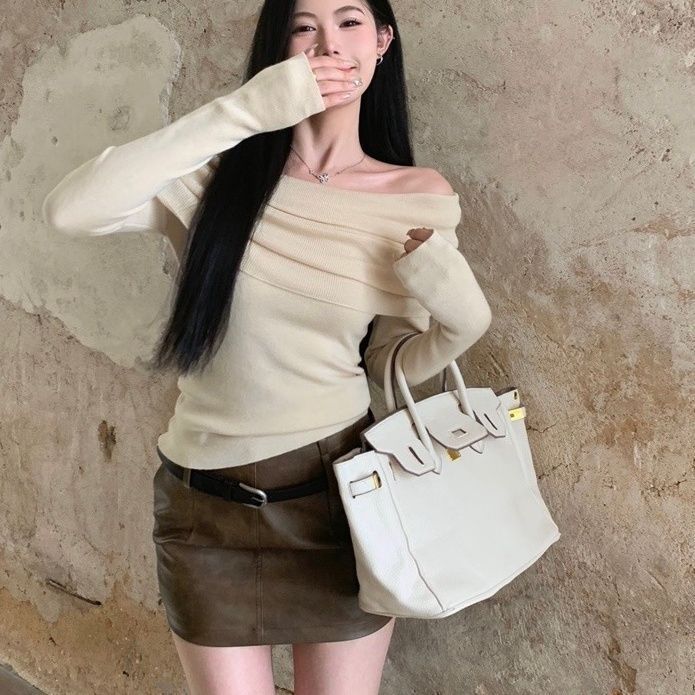 纯欲小心ji一字肩针织打底衫女秋冬季加厚毛衣设计感长袖别致上衣|undefined