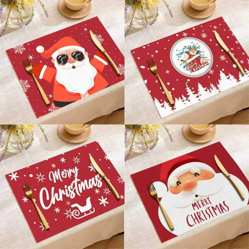 ZS跨境新品圣诞老人亚麻餐垫方形餐厅装饰北欧节日喜庆麋鹿桌垫批