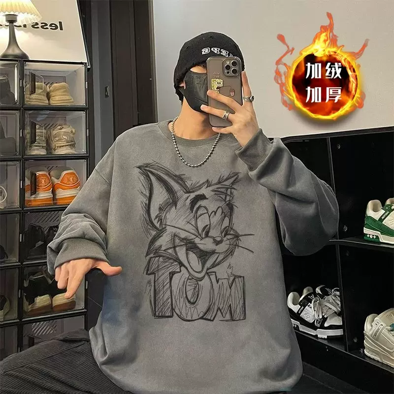 炸街复古百搭无帽圆领卫衣男仿麂皮绒韩版秋冬季宽松日系2024美式