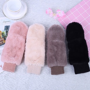 Explosive Finger Half Finger Flip Gloves Women's Winter Season Korean Style Cute Thickened Flip Warm Plush Gloves Supply