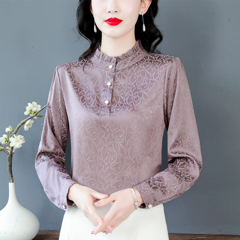 Yong998 Imitation Silk Shirt for Women, Long-Sleeved, 2026 Spring and Autumn New Style, High-End Elegant Lotus Leaf Collar, Mulberry Silk Blouse Yong998 Imitation Silk Shirt for Women, Long-Sleeved, 2026 Spring and Autumn New Style, High-End Elegant Lotus Leaf Collar, Mulberry Silk Blouse