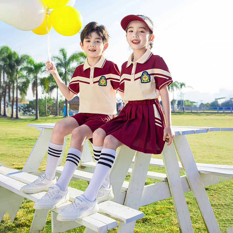 초등학생을위한 어린이 클래스 옷 세트 교복 버건디 봄 가을 옷 유치원 정원 여름 옷