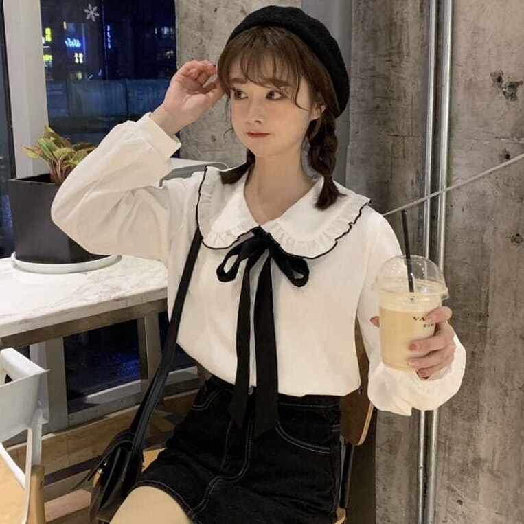 French Sweet College Style Lace-Up Doll Collar Long-Sleeved Shirt Women's Spring and Autumn New Loose and Versatile Top